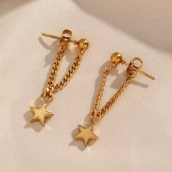 Star Chain Drop Earrings 18K Gold Plating Jewelry Gifts For Her / Wife / Mom - Picture 1 of 11
